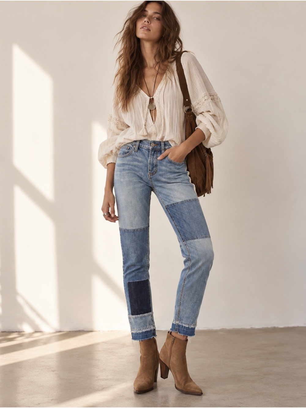 Free People Patchwork Mid Rise Slim Crop Jeans 28 Multicolor Boho Button Fly